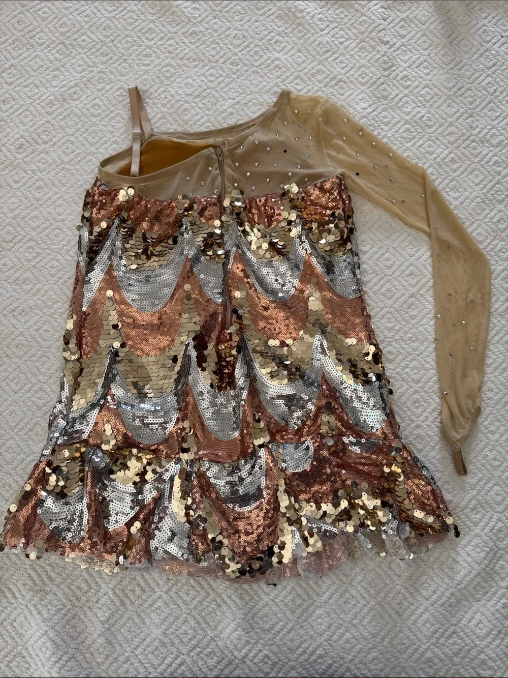 Weissman Sequin One-Shoulder Dance Dress in Gold and Silver